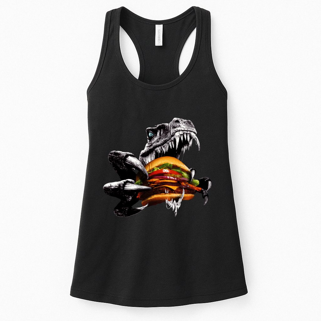 T Rex Eating Burger Womens Tank Top