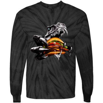 T Rex Eating Burger Tie-Dye Long Sleeve Shirt