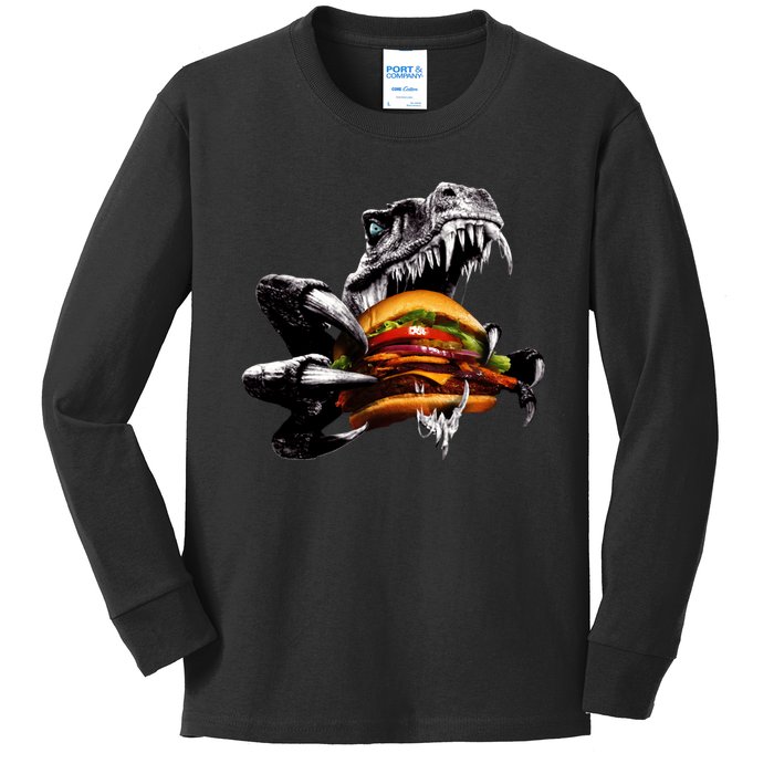 T Rex Eating Burger Kids Long Sleeve Shirt