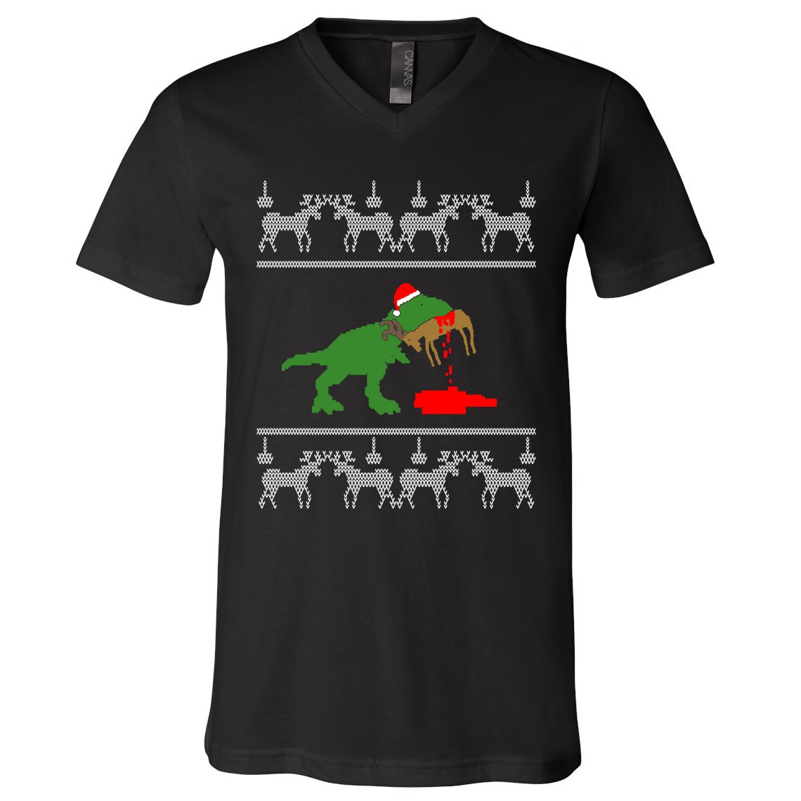 T Rex Eating Rudolph The Red Nosed Reindeer V-Neck T-Shirt