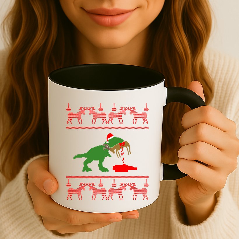 T Rex Eating Rudolph The Red Nosed Reindeer Mug