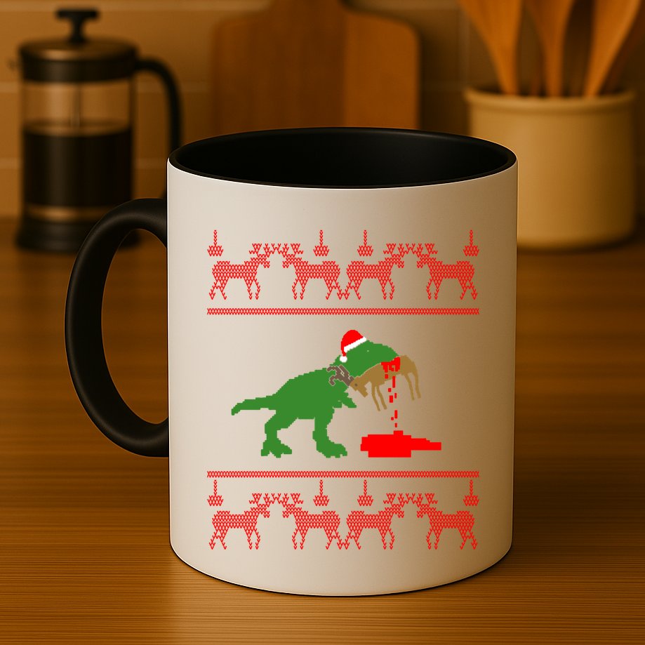 T Rex Eating Rudolph The Red Nosed Reindeer Mug