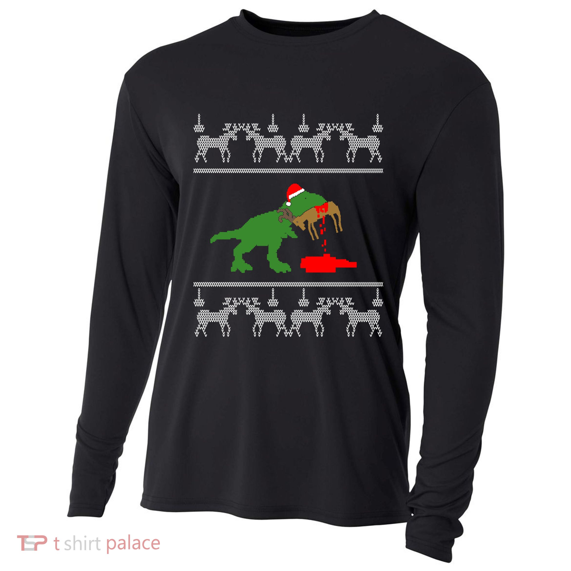 T Rex Eating Rudolph The Red Nosed Reindeer Cooling Performance Long Sleeve Crew