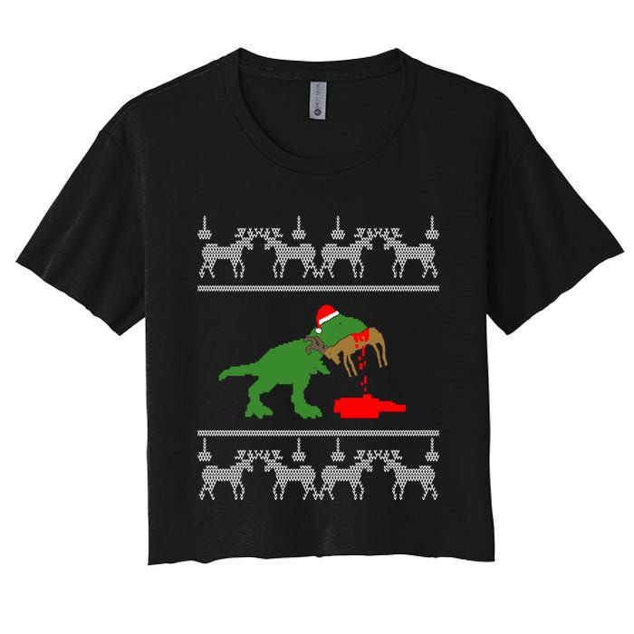 T Rex Eating Rudolph The Red Nosed Reindeer Women's Crop Top Tee