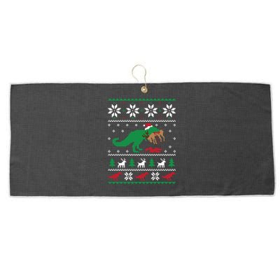 T Rex Eating Reindeer Funny Dinosaur Christmas Ugly Gift Large Microfiber Waffle Golf Towel