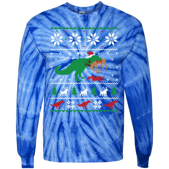 T Rex Eating Reindeer Funny Dinosaur Christmas Ugly Gift Tie-Dye Long Sleeve Shirt