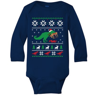 T Rex Eating Reindeer Funny Dinosaur Christmas Ugly Gift Baby Long Sleeve Bodysuit