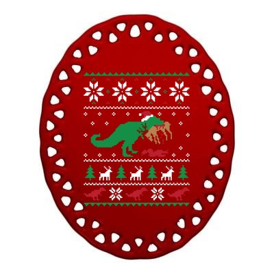 T Rex Eating Reindeer Funny Dinosaur Christmas Ugly Gift Ceramic Oval Ornament