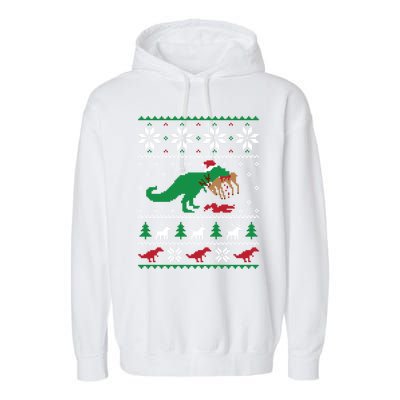 T Rex Eating Reindeer Funny Dinosaur Christmas Ugly Gift Garment-Dyed Fleece Hoodie