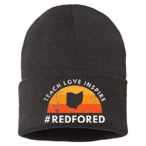 Teacher Red For Ed Ohio Public Education Teach Love Inspire Sustainable Knit Beanie