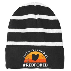 Teacher Red For Ed Ohio Public Education Teach Love Inspire Striped Beanie with Solid Band