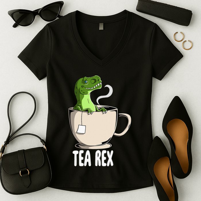 Tea Rex Funny T Rex Dinosaur Joke Pun Tyrannosaurus Women's V-Neck T-Shirt