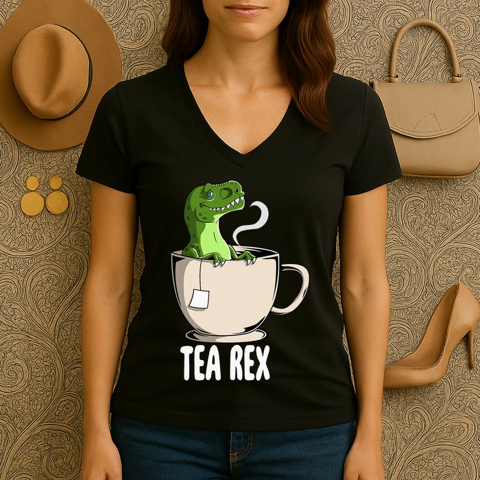 Tea Rex Funny T Rex Dinosaur Joke Pun Tyrannosaurus Women's V-Neck T-Shirt