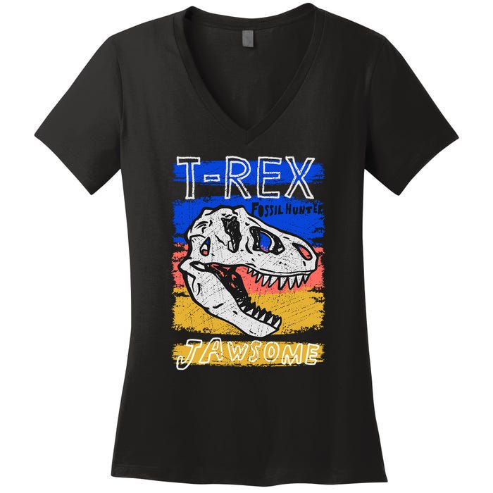 T Rex Fossil Hunter Jawsome Women's V-Neck T-Shirt