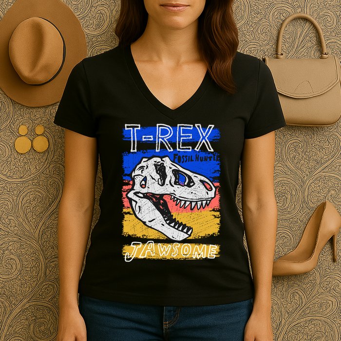 T Rex Fossil Hunter Jawsome Women's V-Neck T-Shirt
