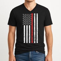 Thin RedLine Firefighter Flag Distressed Effect V-Neck T-Shirt