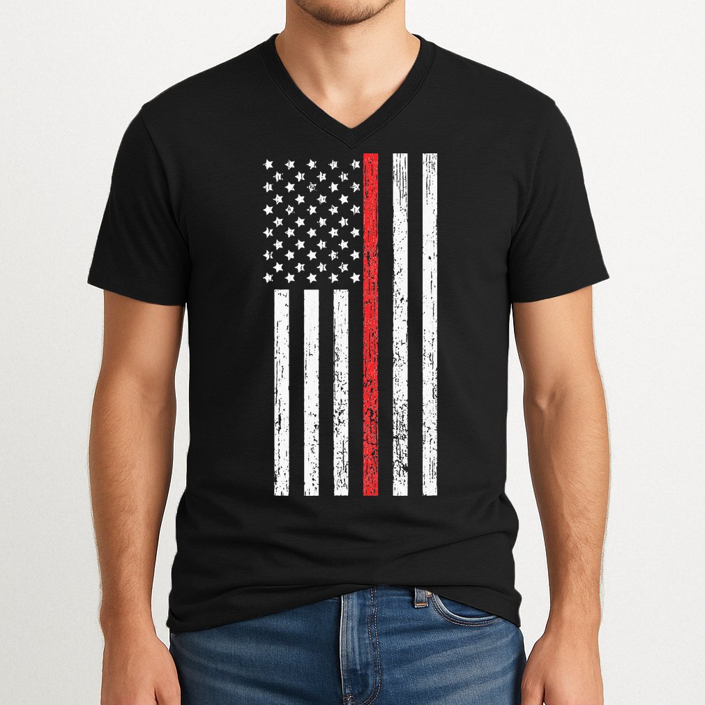 Thin RedLine Firefighter Flag Distressed Effect V-Neck T-Shirt