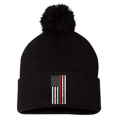Thin RedLine Firefighter Flag Distressed Effect Pom Pom 12in Knit Beanie