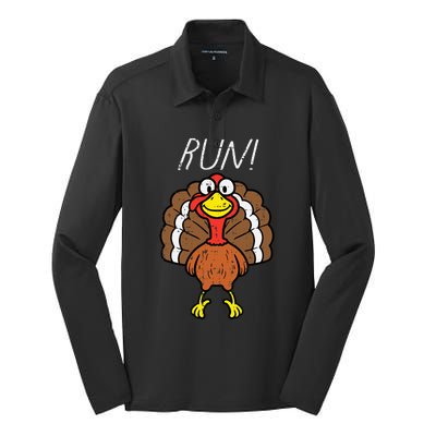 Turkey Run Funny Happy Thanksgiving Day Silk Touch Performance Long Sleeve Polo