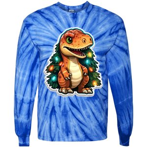 Tree Rex Funny Christmas Tree T Rex Dinosaur Santa Claus Hat Cool Gift Tie-Dye Long Sleeve Shirt