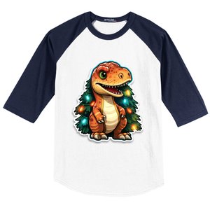 Tree Rex Funny Christmas Tree T Rex Dinosaur Santa Claus Hat Cool Gift Baseball Sleeve Shirt