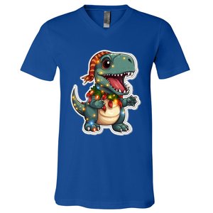 Tree Rex Funny Christmas Tree T Rex Dinosaur Santa Claus Hat Cool Gift V-Neck T-Shirt