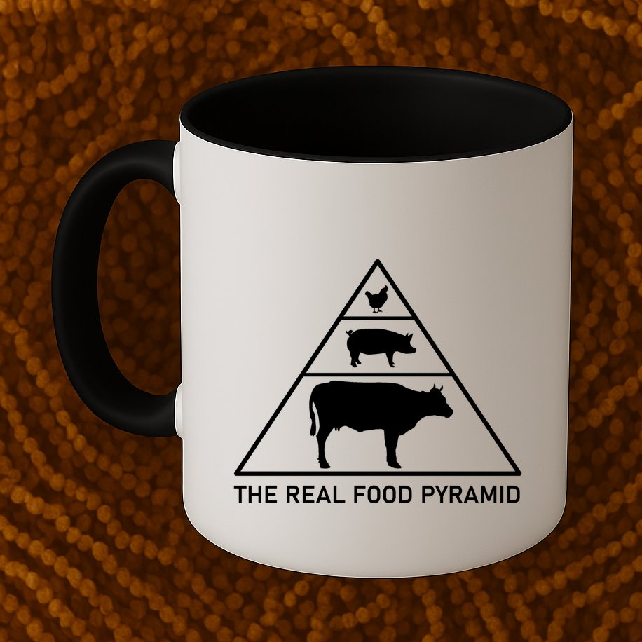 The Real Food Pyramid Beef Pork Chicken Mug