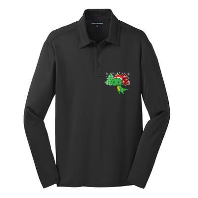 Tree Rex Funny Dinosaur Christmas Santa Hat Xmas Tree Gift Silk Touch Performance Long Sleeve Polo