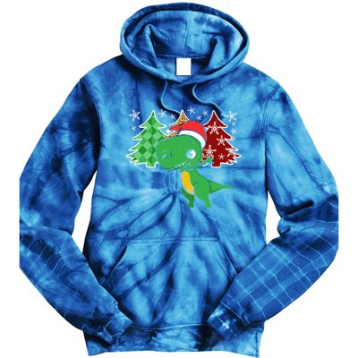 Tree Rex Funny Dinosaur Christmas Santa Hat Xmas Tree Gift Tie Dye Hoodie