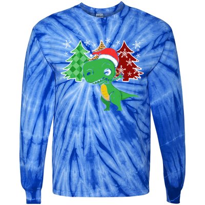 Tree Rex Funny Dinosaur Christmas Santa Hat Xmas Tree Gift Tie-Dye Long Sleeve Shirt