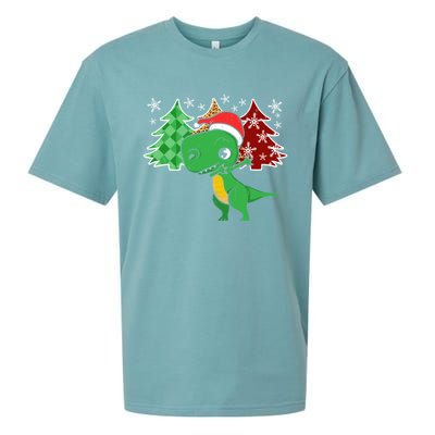 Tree Rex Funny Dinosaur Christmas Santa Hat Xmas Tree Gift Sueded Cloud Jersey T-Shirt