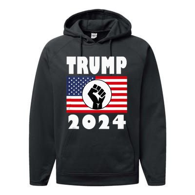 Trump Raised Fist Trump 2024 American Flag Patriot Performance Fleece Hoodie