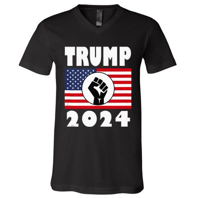 Trump Raised Fist Trump 2024 American Flag Patriot V-Neck T-Shirt