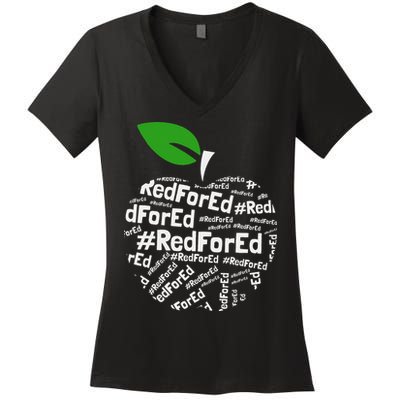 Teacher Red for Ed Cute Apple Graphic Design for Teachers Women's V-Neck T-Shirt