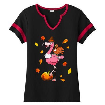 Turkey Riding Flamingo Thanksgiving Day Funny Fall Autumn Ladies Halftime Notch Neck Tee