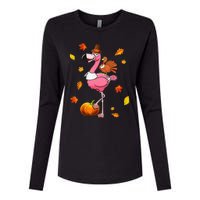 Turkey Riding Flamingo Thanksgiving Day Funny Fall Autumn Womens Cotton Relaxed Long Sleeve T-Shirt