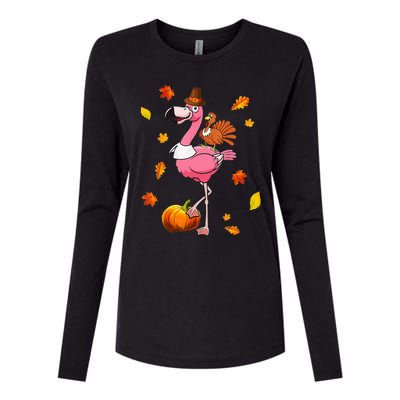 Turkey Riding Flamingo Thanksgiving Day Funny Fall Autumn Womens Cotton Relaxed Long Sleeve T-Shirt