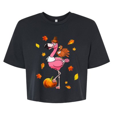 Turkey Riding Flamingo Thanksgiving Day Funny Fall Autumn Bella+Canvas Jersey Crop Tee