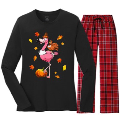 Turkey Riding Flamingo Thanksgiving Day Funny Fall Autumn Women's Long Sleeve Flannel Pajama Set 