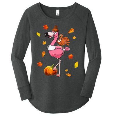 Turkey Riding Flamingo Thanksgiving Day Funny Fall Autumn Women's Perfect Tri Tunic Long Sleeve Shirt