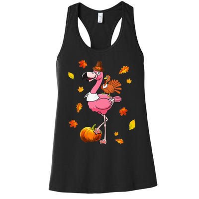 Turkey Riding Flamingo Thanksgiving Day Funny Fall Autumn Women's Racerback Tank