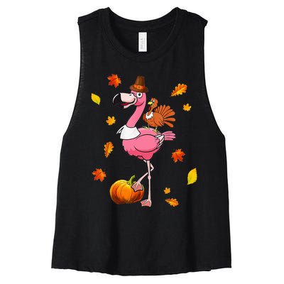 Turkey Riding Flamingo Thanksgiving Day Funny Fall Autumn Women's Racerback Cropped Tank