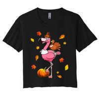 Turkey Riding Flamingo Thanksgiving Day Funny Fall Autumn Women's Crop Top Tee