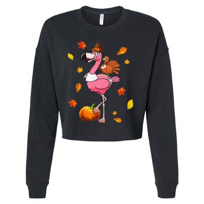 Turkey Riding Flamingo Thanksgiving Day Funny Fall Autumn Cropped Pullover Crew