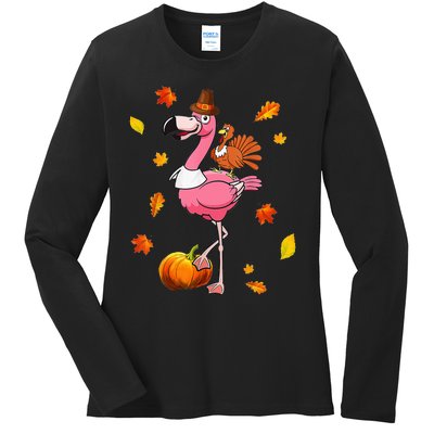 Turkey Riding Flamingo Thanksgiving Day Funny Fall Autumn Ladies Long Sleeve Shirt