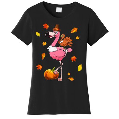 Turkey Riding Flamingo Thanksgiving Day Funny Fall Autumn Women's T-Shirt