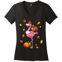 Turkey Riding Flamingo Thanksgiving Day Funny Fall Autumn Women's V-Neck T-Shirt