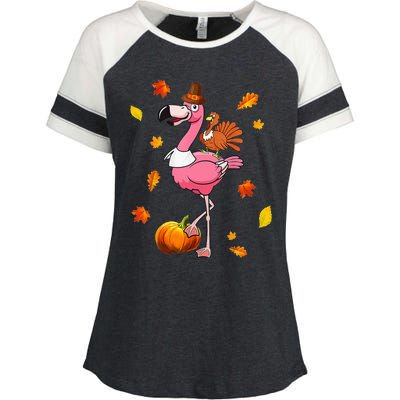 Turkey Riding Flamingo Thanksgiving Day Funny Fall Autumn Enza Ladies Jersey Colorblock Tee