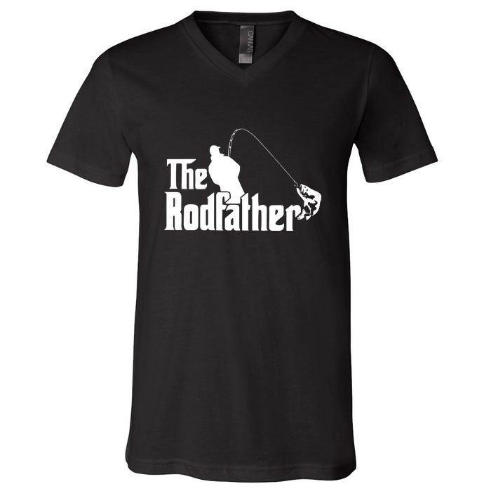 The Rodfather Funny Fishing Dad Fathers Day Gift V-Neck T-Shirt