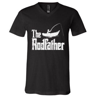 The Rodfather Fun Fishing Day Movie Pun Dad Papa V-Neck T-Shirt